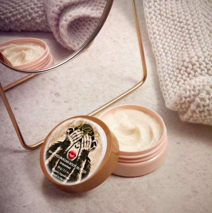 Argan Body Butter - Travel size 60g, Rich Hydrating butter for dry skin. Natural, Organic, Waterless, Vegan, Cruelty Free and Free From synthetic fragrance, parabens or SLS (Vanilla)